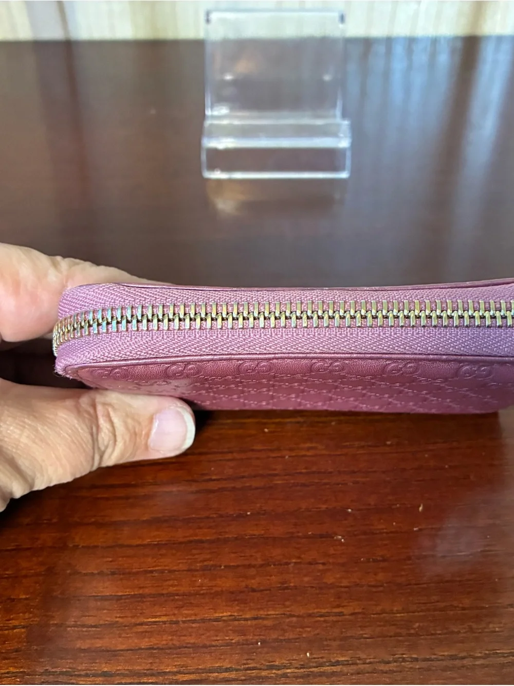Gucci Plum GG Embossed Leather Zip Wallet with Gold Hardware